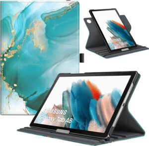 1 TiMOVO Compatible with Galaxy Tab A8 10.5 Case 2022, Galaxy A8 Tablet Case SM-X200/SM-X205, 90 Degree Rotating Swivel Leather Cover, Multiple Viewing Angles Folding Stand Case, Cloud Peacock Blue
