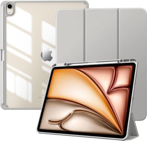 1 TiMOVO Case for iPad Air 13 inch M4/M3/M2 with Pencil Holder, Light Gray | Slim Trifold Stand Protective Cover, Clear Transparent Back Shell, Auto Wake/Sleep